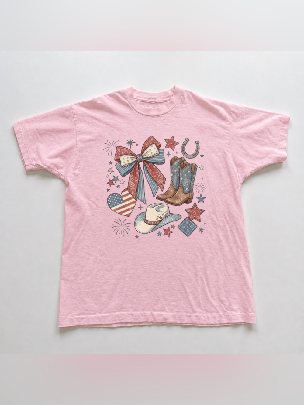 Light Pink Graphic Tee with Western Bow & Boots